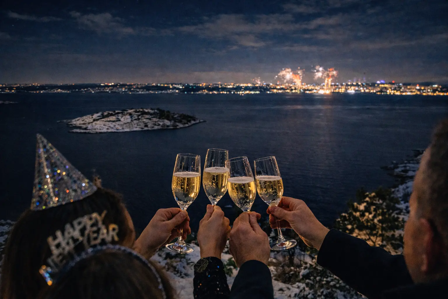 Skål med mousserande vin framför havet och fyrverkerier i vintermörkret