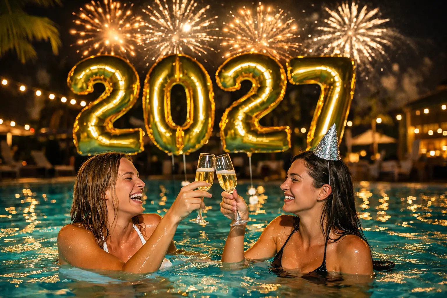 Gäster skålar i poolen under 2027-ballonger och fyrverkerier
